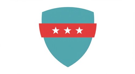 Poster - A stylized shield with a teal background and a red stripe containing three white stars