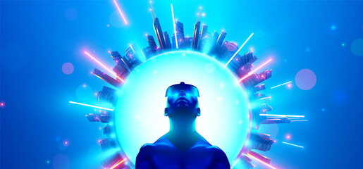 Aufkleber - VR man wearing VR glasses looks up at the virtual simulation of a metaverse or city in cyberspace surrounding him. A Virtual reality player wearing a VR headset in an online virtual reality simulation