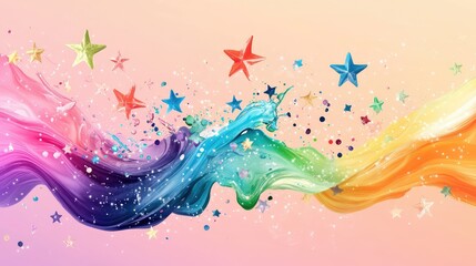 Poster - Bright abstract art scene with flowing liquid in rainbow tones, decorated with hand-cut stars
