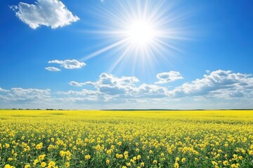 Wall Mural - vibrant yellow flowers bloom under a bright sun and cloudy blue sky. it could illustrate themes of s