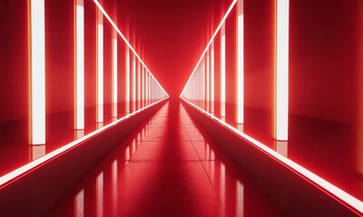 Poster - Radiant Red Corridor: Futuristic Interior Architecture with Illuminated Geometric Design and Reflective Surface