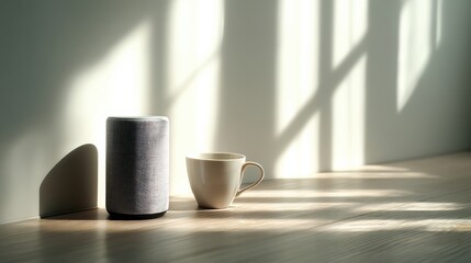 Fototapete - Voice Assistant Device and Coffee Cup in Bright Minimal Room With Natural Light Casting Shadows on Wooden Surface