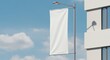 © Aurora Aesthetics - Photorealistic 3D render of a tall, vertical blank white banner flag attached to a simple metal pole fixed to a generic modern building facade or street lamp post