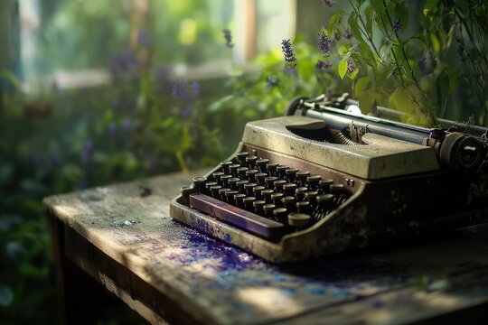 A vintage typewriter sits on a rustic wooden table, surrounded by lush greenery and lavender, evoking nostalgia and creativity.