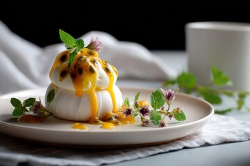 Poster - Delicious Pavlova Topped With Passion Fruit and Fresh Herbs in a Minimalist Setting