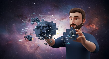 Man Solving 3D Puzzle in Space: A Digital  Innovation Concept