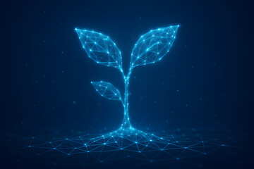 Poster - Digital sprout: A captivating digital rendition of a sprouting plant, radiating with an ethereal glow against a deep blue backdrop, representing the growth and potential of innovation and technology.