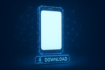 Poster - Digital Download: A futuristic depiction of a smartphone, connected by luminous points and lines, features a download button, highlighting the concept of digital downloads, connectivity.