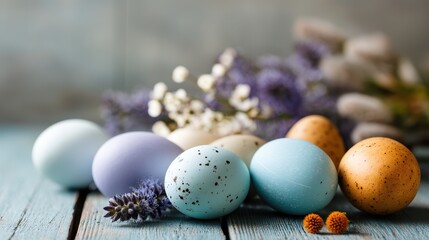 Poster - Ornately Decorated Eggs Arranged on Rustic Wooden Table Surrounded by Soft Floral Accents