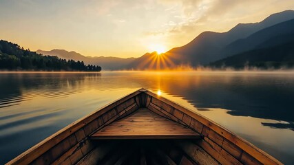 Poster - Experience serene morning tranquility as sunlight breaks over a peaceful lake from the bow of a wooden boat Generative AI