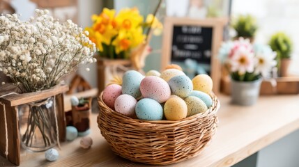 Poster - Fresh Pastel Colored Easter Eggs Arranged in Decorative Basket with Flowers in Bright Indoor Setting