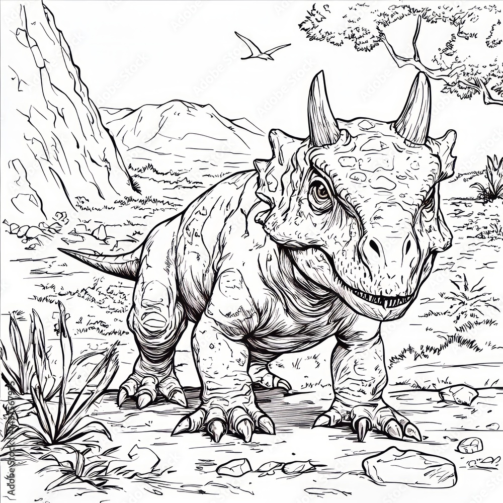 Triceratops Dinosaur Coloring Page for Kids with Nature Background ...