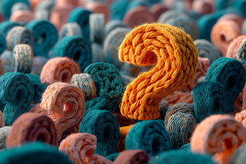 Poster - Close-up of textured yarn question mark, orange, among teal and peach yarn swirls, creating a curious, thought-provoking image, ideal for uncertainty, choice concepts