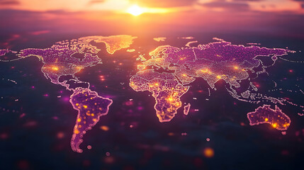 Poster - Global network sunset world map
