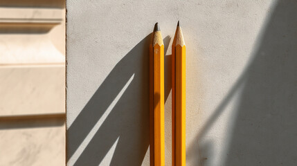 Poster - Two yellow pencils lean against a light beige wall, casting shadows in sunlight. Simple, minimalist image representing creativity, design, or back-to-school themes