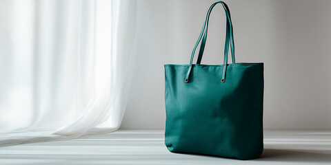 Poster - Teal tote bag on light background, near sheer curtain, showcasing simple elegance and practicality, ideal for lifestyle or fashion advertisement mockup