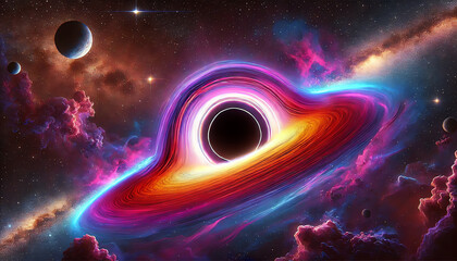 Wall Mural - A digital space-themed artwork of a black hole in deep space, featuring a mysterious core with a glowing event horizon