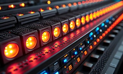 Poster - Technical server rack with glowing lights.