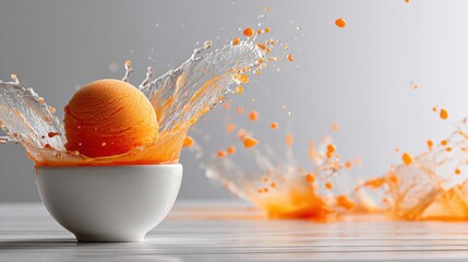 Poster - Sorbet Scoop Creating a Splash of Droplets in Mid-Air Above a White Surface