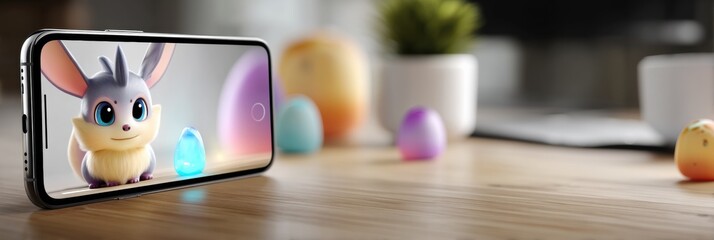 Poster - Smartphone Displays Animated Virtual Pet Interacting With Colorful Eggs on Wooden Table in Cozy Indoor Space
