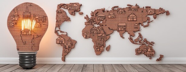 Poster - Minimalist World Map Design with Light Bulb Featuring House Illustrations on Wall for British Science Week Promotion