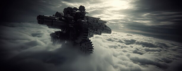 Poster - Futuristic British Science Fiction Vessel Surrounded by Ethereal Cloudscape in Unique Double Exposure Technique