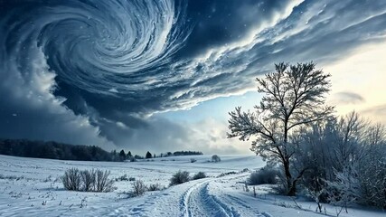 Poster - Mesmerizing winter landscape with swirling clouds over a serene snowy field at dusk Generative AI