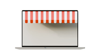 Poster - Open laptop with awning on a isolated background. Online store or shopping concept. Banner for marketing and promotion ecommerce. Laptop with striped tent mock up. 
