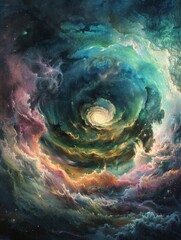 Poster - A celestial scene depicting the birth of a new galaxy, with swirling clouds of colorful cosmic dust in greens, pinks, and blues