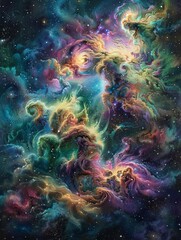Poster - A celestial scene depicting the birth of a new galaxy, with swirling clouds of colorful cosmic dust in greens, pinks, and blues
