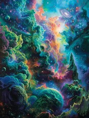 Poster - A celestial scene depicting the birth of a new galaxy, with swirling clouds of colorful cosmic dust in greens, pinks, and blues