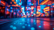 © Formasi - Blurry urban night street scene with vibrant neon lights reflecting on the ground.