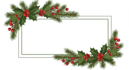 Poster - Rectangle frame decorated with holly leaves pine branches and red berries on a white background