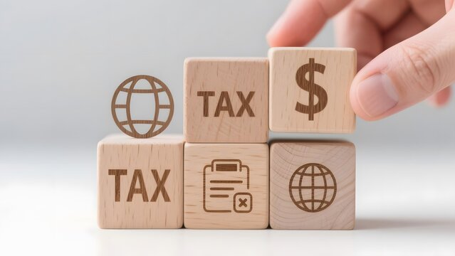 Wooden blocks with tax symbols, hand placing block, minimalist composition, financial concept