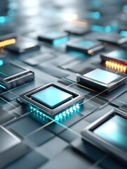 Leinwandbilder - Quantum Computer Chips Illuminate a Sleek Blue Environment Showcasing Advanced Technology in a Modern Research Facility