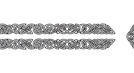 Poster - Two rows of intricate black celtic knot patterns isolated on a white background with a partial knot
