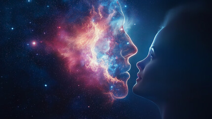Wall Mural - cosmic connection: two faces emerge from a vibrant nebula, symbolizing a profound connection and the
