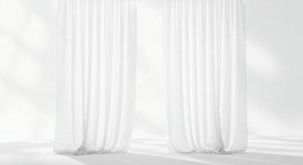 Poster - Two white sheer curtains hanging in a room with soft light and shadows on the wall behind them