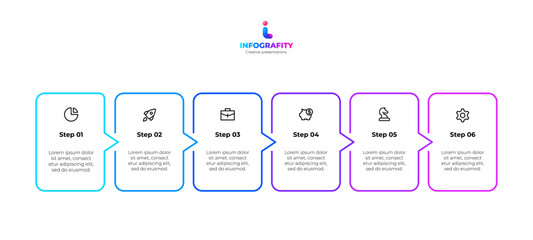 Poster - Abstract infographic with six sequential steps, modern icons, vivid colors, and clear design. Perfect for presentations, business planning, and strategy depiction