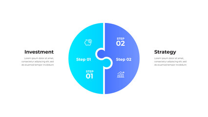 Aufkleber - Illustration of a split circular diagram with investment and strategy icons, indicating a two step process. Useful for business presentations, investment strategies, and financial analysis visuals