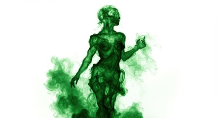 Poster - Green smoke forming a female figure standing against a white background in a studio shot