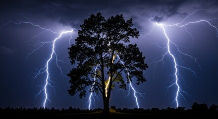 Poster - Silhouette of a tree during a thunderstorm with lightning strikes on either side of the tree