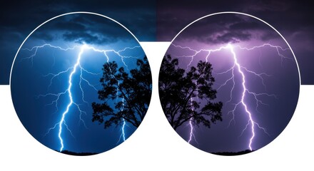Poster - A split image of lightning striking near a tree in two different color schemes inside circles