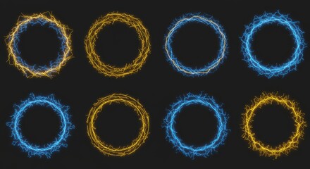 Poster - Eight circular lightning frames in blue and yellow on a dark gray background in a studio shot