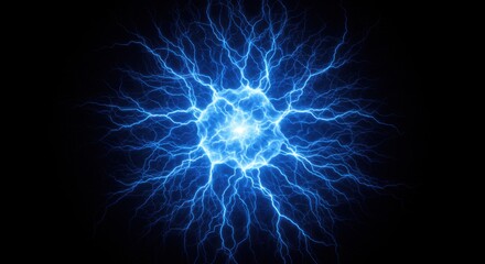 Poster - A glowing blue sphere with branching electrical arcs against a dark black background image