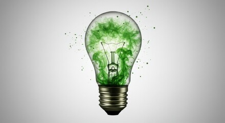Poster - A light bulb filled with green smoke and surrounded by green particles on a white background