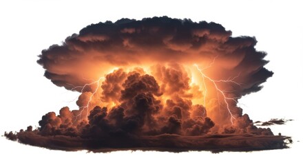 Poster - A dramatic cloud formation with lightning strikes against a white isolated background view image