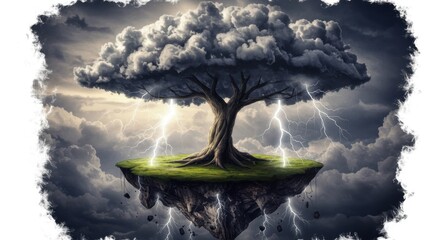 Poster - A surreal image of a tree on a floating island with lightning strikes and stormy cloud coverage above it