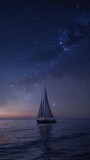 Silhouetted lone sailboat floating under starry Milky Way night sky