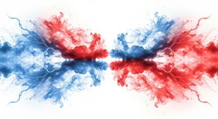 Poster - Red and blue smoke explosion with lightning on a white background symmetrical design art abstract